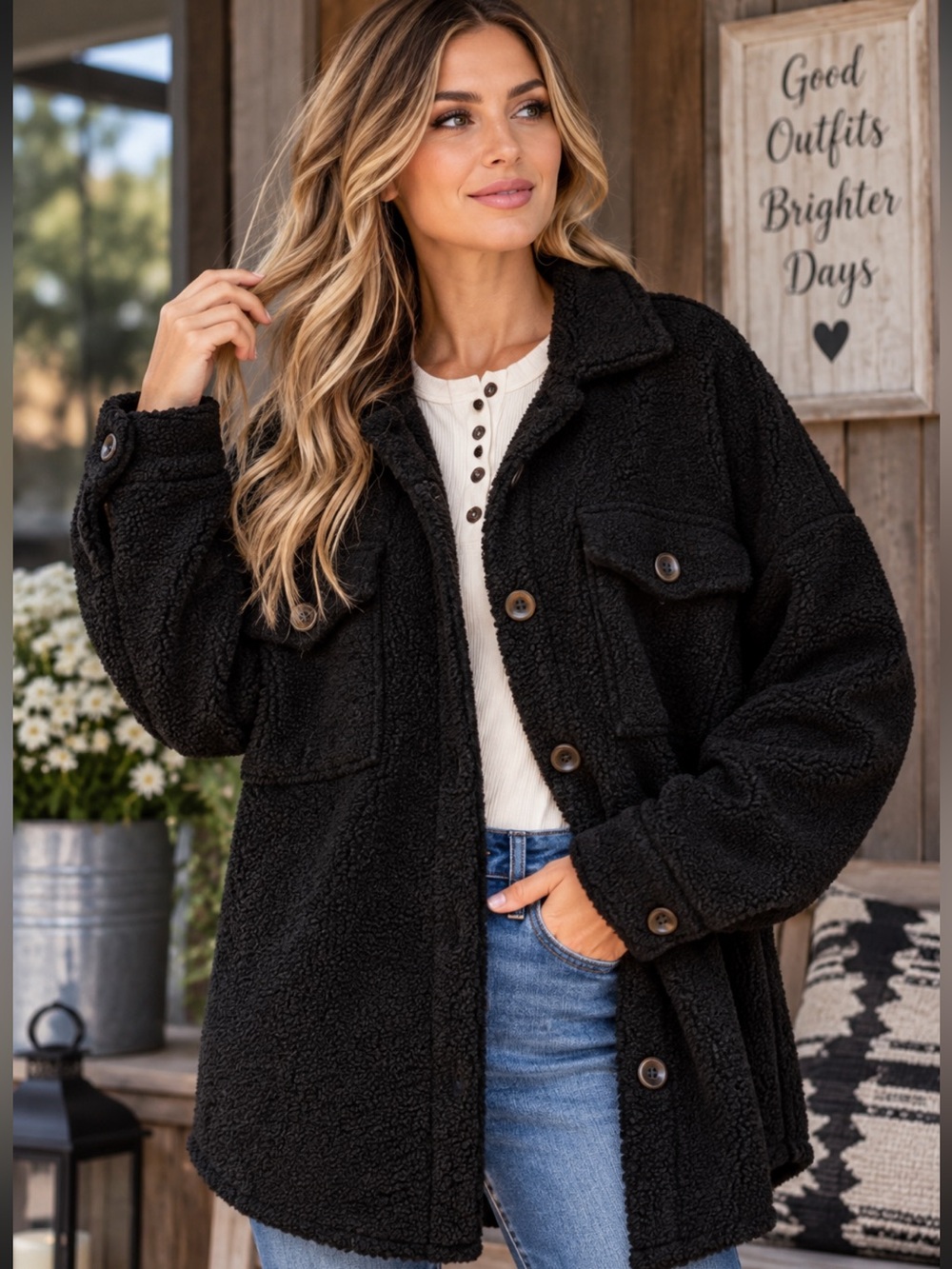 New Ces Femme Black Teddy Sherpa Oversized Shacket Jacket NWT